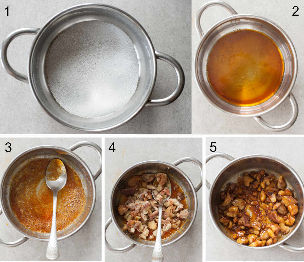 A collage of 5 photos showing how to make caramelized chestnuts.