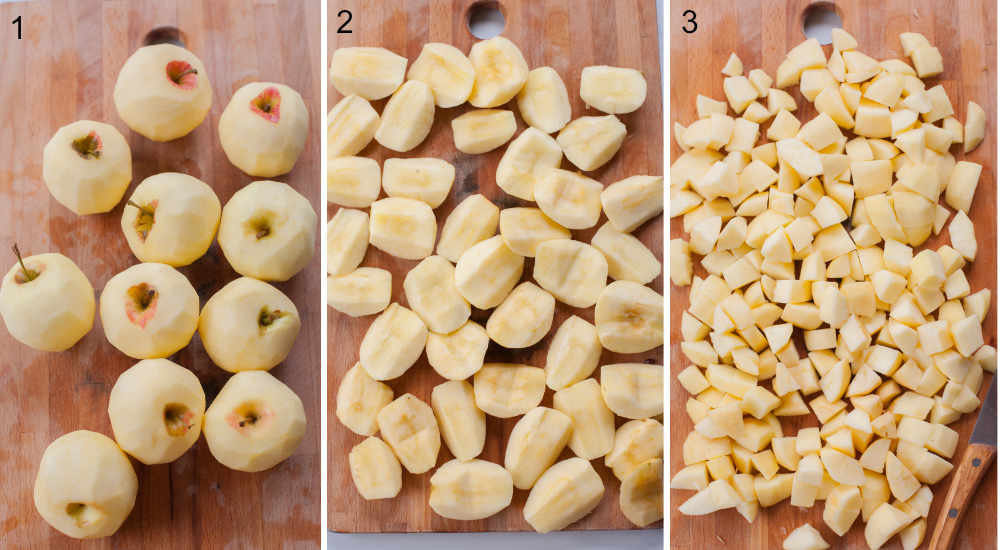 A collage of 3 photos showing apples preparation steps.