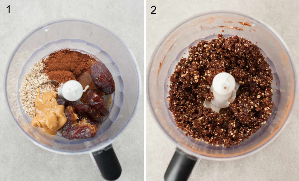 Ingredients for pretzel spiders in a food processor bowl. Mixed ingredients for energy balls in a food processor bowl.