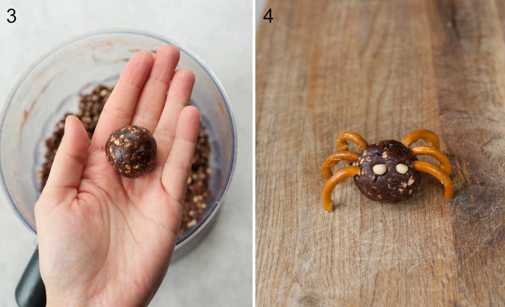 Date peanut butter energy balls held in a hand. One pretzel spider on a chopping board.