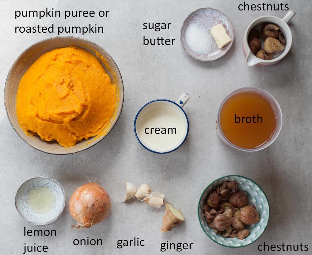 Ingredients needed to prepare pumpkin soup with chestnuts.