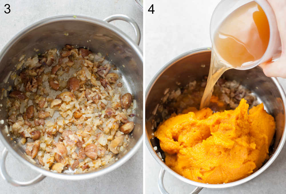 Onions, garlic, ginger, and chestnuts with brown butter in a pot. Pumpkin puree in a pot, broth is being added to the pot.