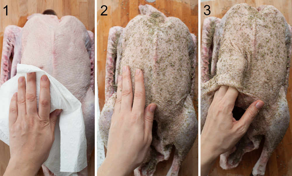 A collage of 3 photos showing how to prepare the goose and rub it with spices.