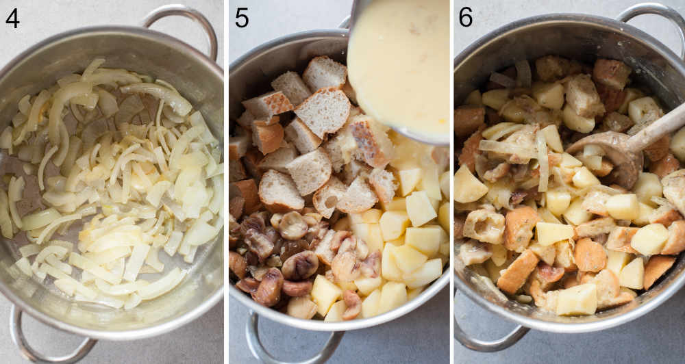 A collage of 3 photos showing stuffing preparation steps.