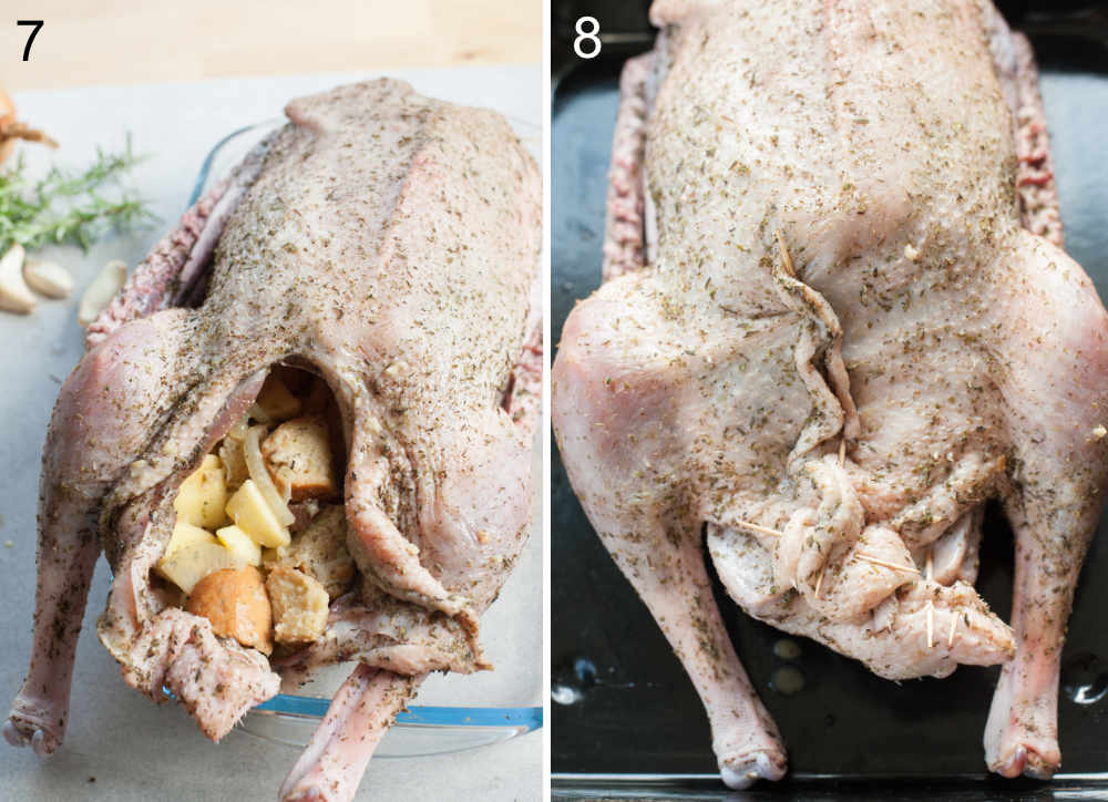 Goose stuffed with stuffing. Goose's cavity closed with toothpicks.