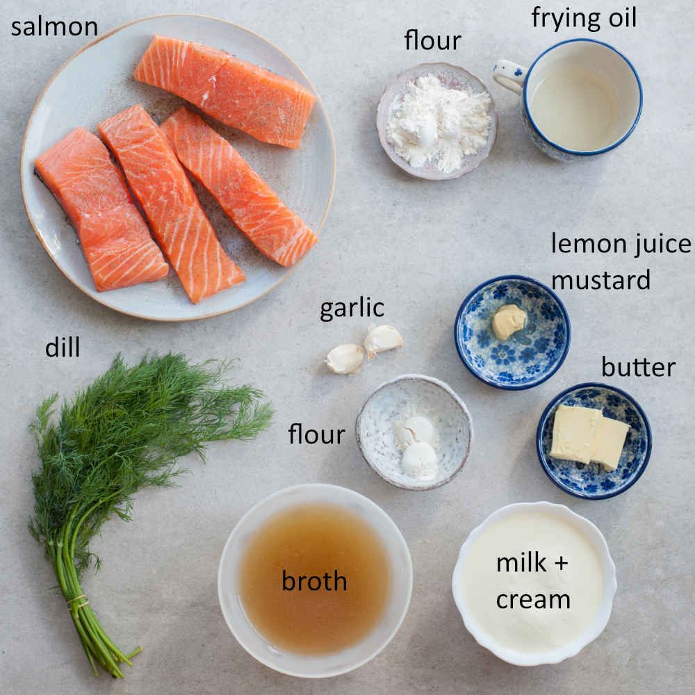 Ingredients needed to prepare salmon with creamy dill sauce.