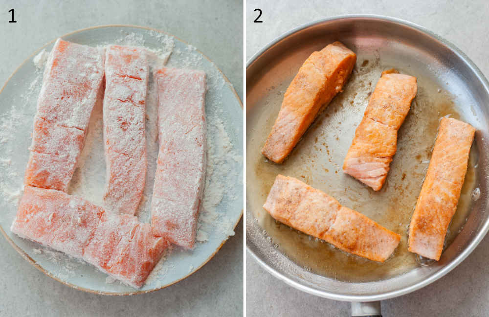 Salmon fillets dredged in flour. Salmon fillets in a frying pan.