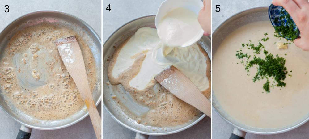 A collage of 3 photos showing preparation steps of creamy dill sauce.