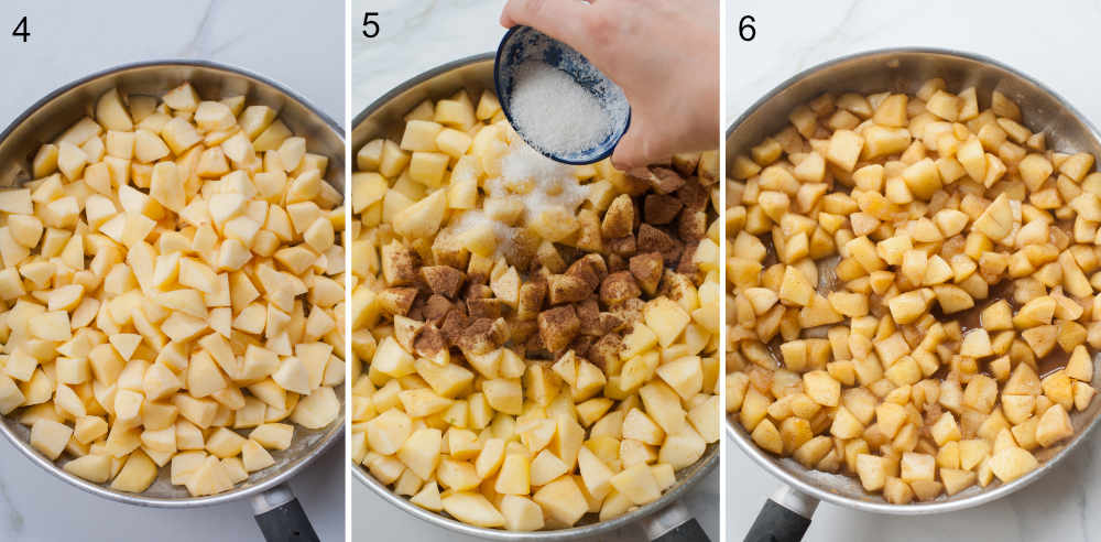 A collage of 3 photos showing sauteed cinnamon apples preparation steps.