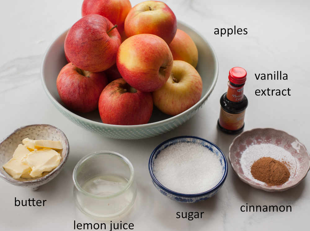 Labeled ingredients needed to prepare Sautéed Cinnamon Apples.