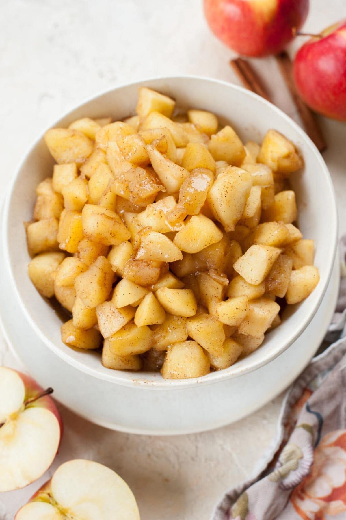 Sautéed Cinnamon Apples in a white bowl.