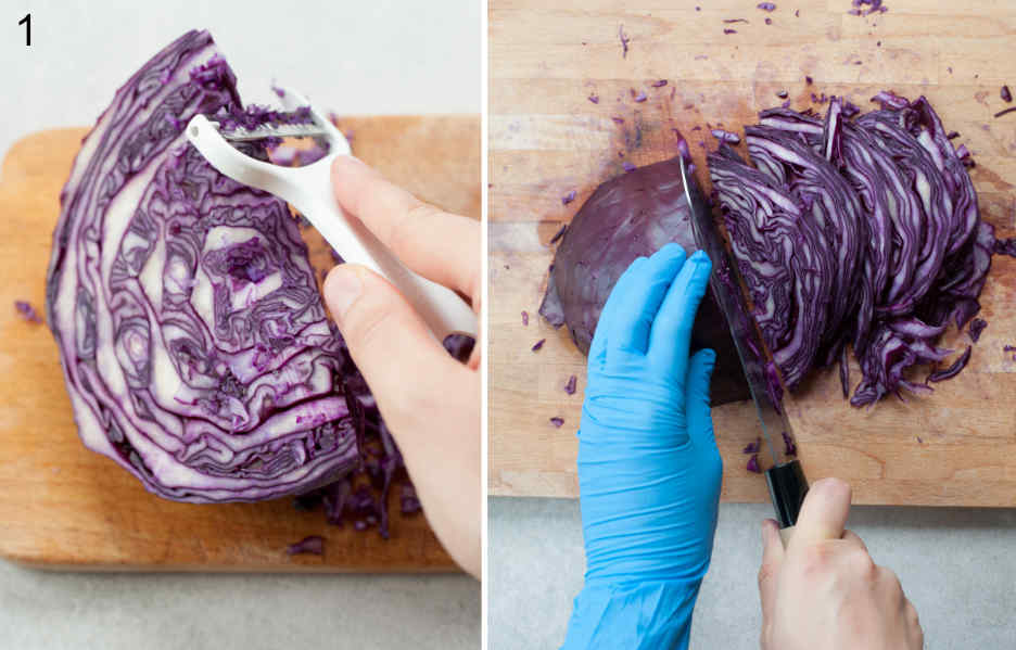 Two photos showing how to shred red cabbage.