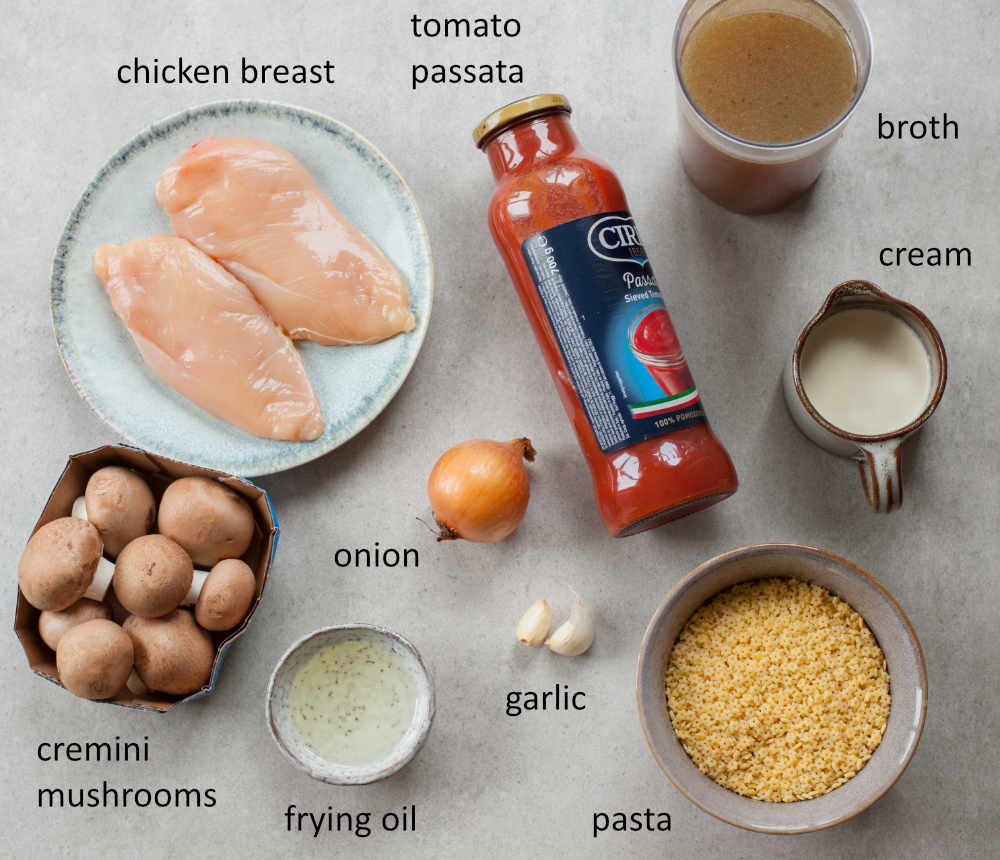 Ingredients needed to prepare chicken tomato soup with mushrooms.