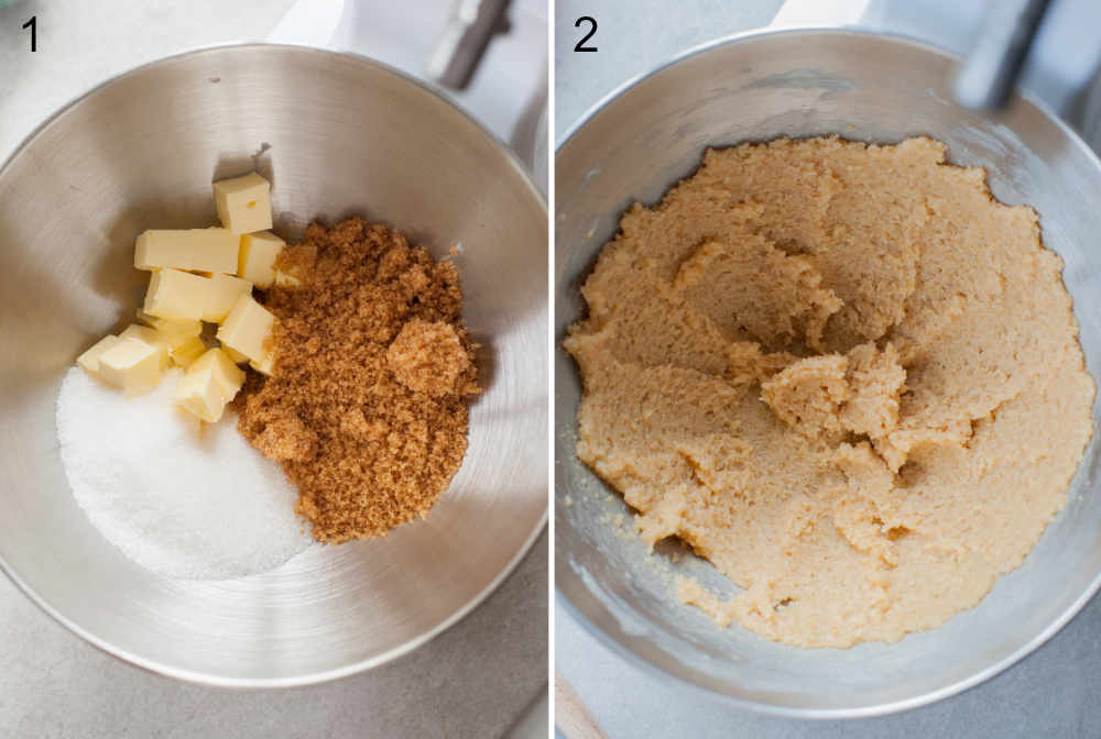 Sugar and butter in a bowl. Creamed butter and sugar in a metal bowl.