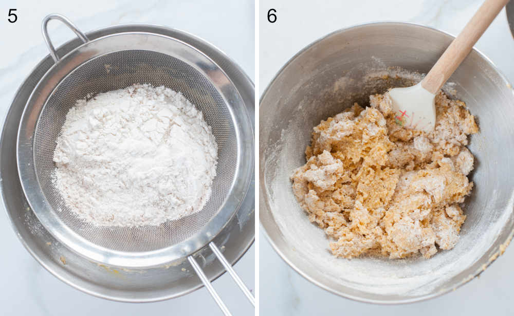 Flour in a sieve. Flour added to creamed butter, sugar, and egg in a bowl.