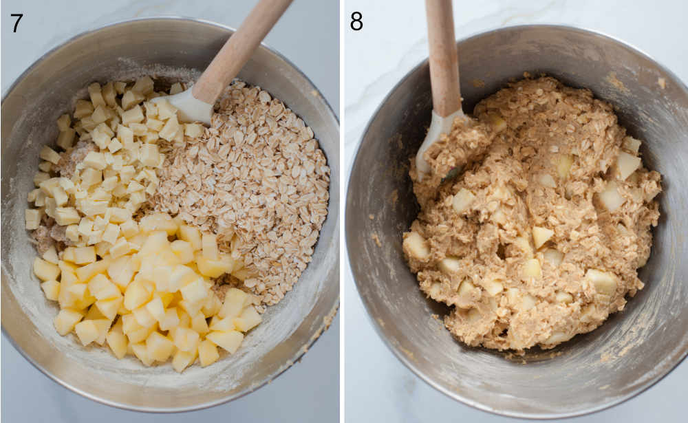 Oats, chopped apple and white chocolate in a bowl. Apple cinnamon oatmeal cookies batter in a bowl.