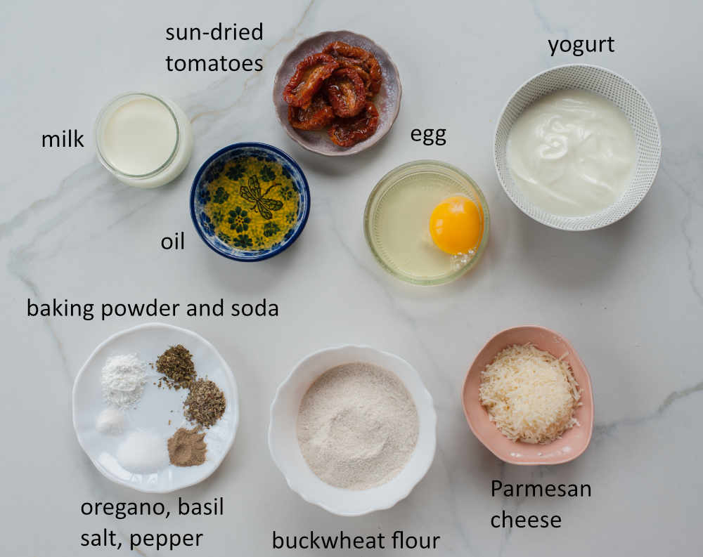 Labeled ingredients needed to prepare buckwheat pancakes.