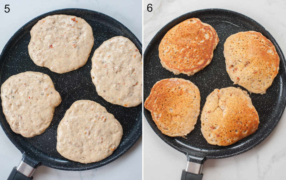 Pancake batter in a pan. Cooked pancakes in a black pan.