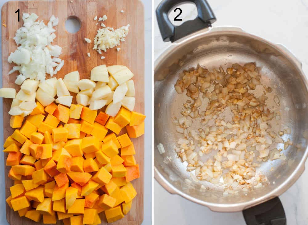 Chopped pumpkin, apples, onion, ginger and garlic. Sauteed onion with ginger and garlic in a pot.