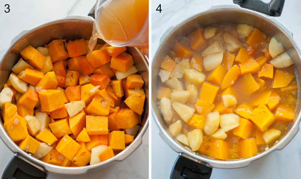 Sauteed squash and apples in a pot. Broth is being added to the pot.