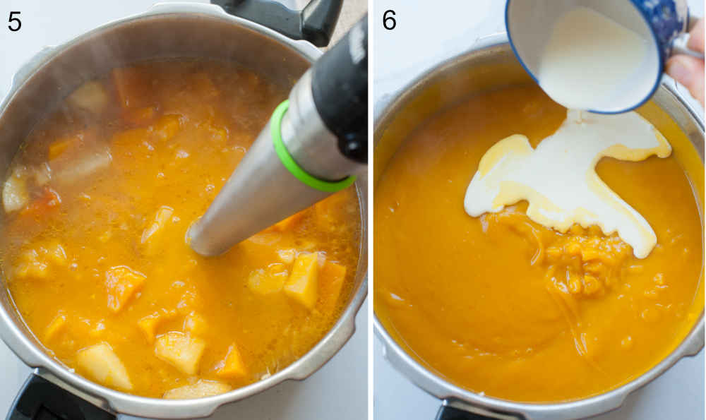 Butternut squash soup is being pureed with a blender. Cream is being added to the soup.