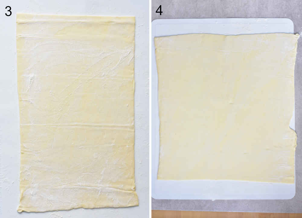Puff pastry sheet on a silicone mat. Rolled out puff pastry sheet.