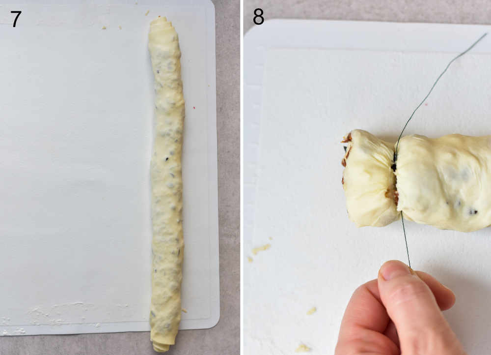 Puff pastry log. Puff pastry log is being cut into pieces with a thread.