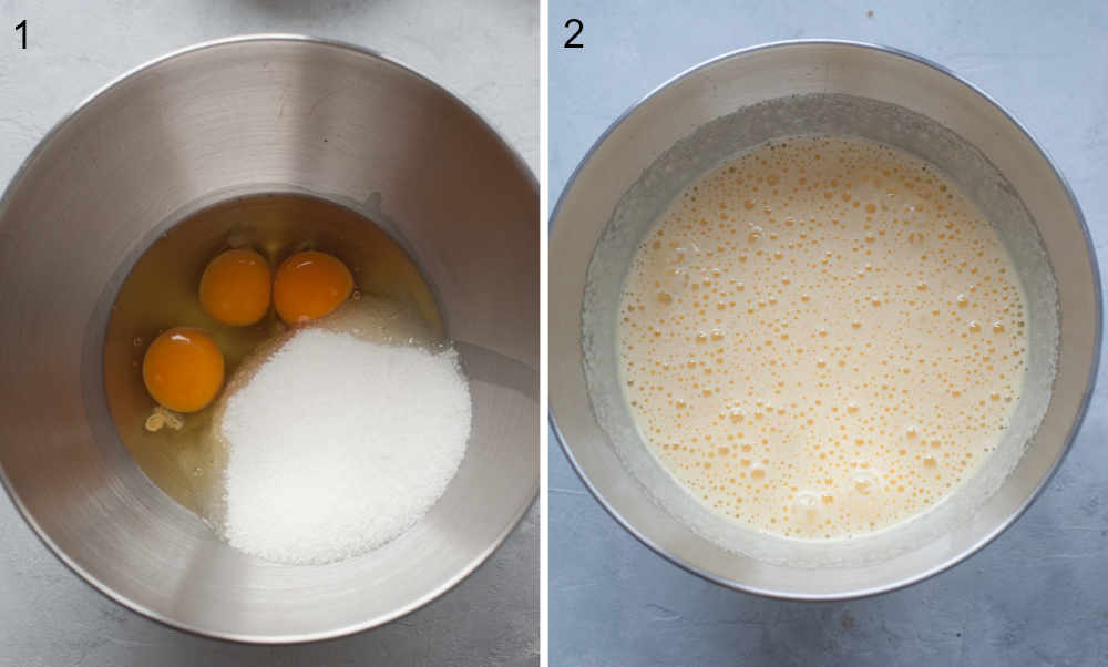 Eggs and sugar in a bowl. Beaten eggs with sugar in a bowl.