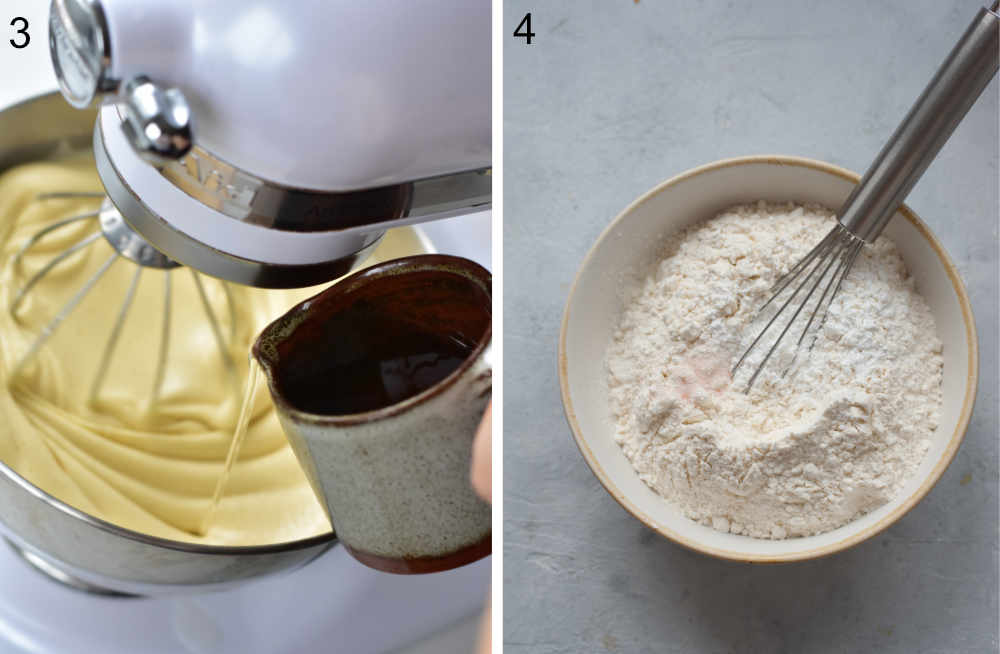 Oil is being added to a cake batter. Flour in a bowl.