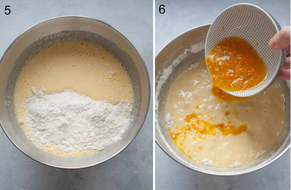 Flour added to a bowl with cake batter. Orange juice, zest, and jam are being added to a cake batter.