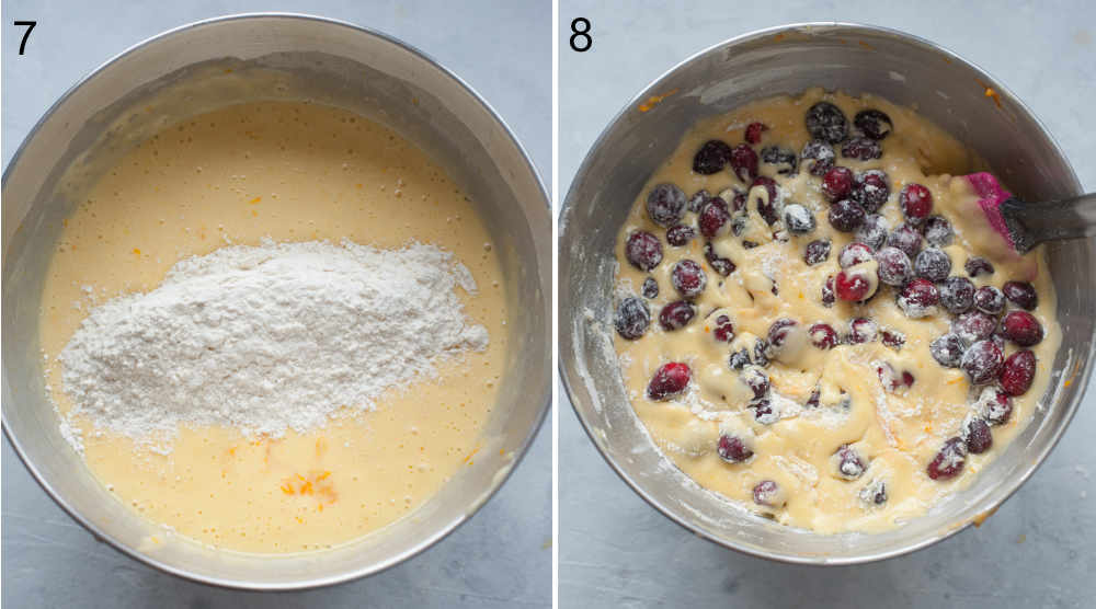 Flour added to a cake batter. Cranberries added to a cake batter.