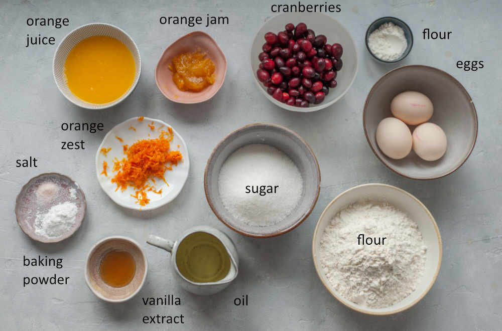 Labeled ingredients for cranberry orange bundt cake.