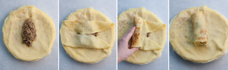 A collage of 4 photos showing how to roll up crepes like a burrito.
