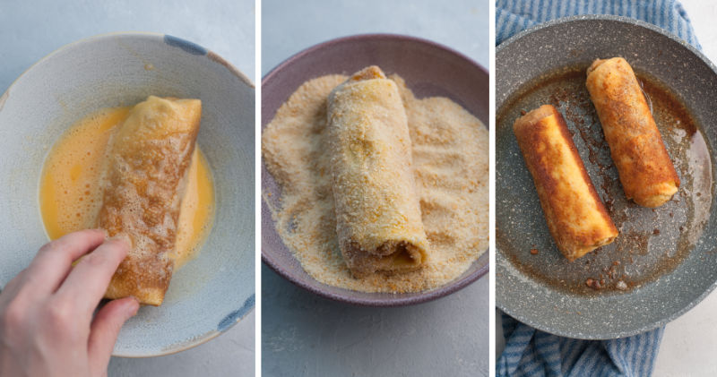 A collage of 3 photos showing breading procedure of croquettes.