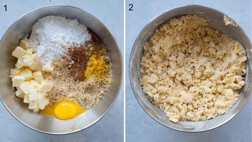 Ingredients for Linzer cookies in a bowl. Dough crumble in a bowl.