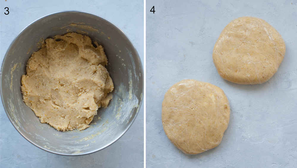 Dough for Linzer cookies in a bowl. Two flat discs of dough wrapped in plastic foil.