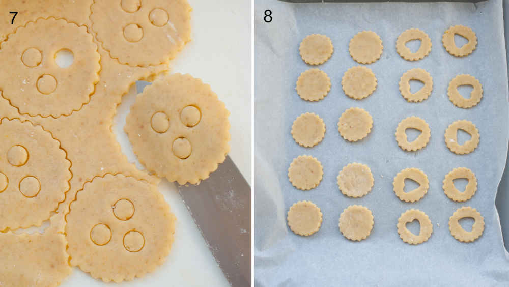 A cut out cookie is being lifted with a knife. Ready to be baked cookies on a baking sheet.