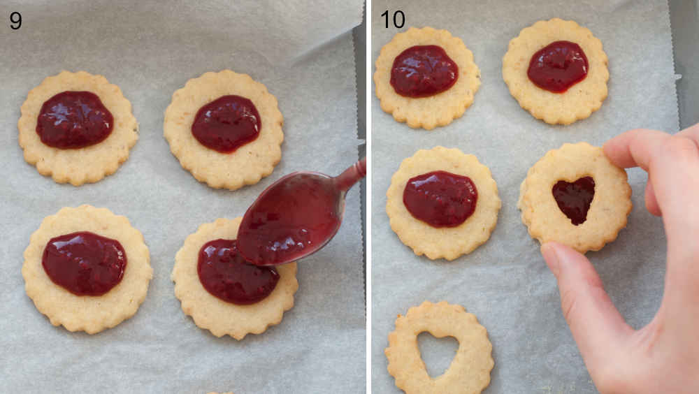 Raspberry jam is being spooned over cooked Linzer cookies. Linzer cookies assembly.