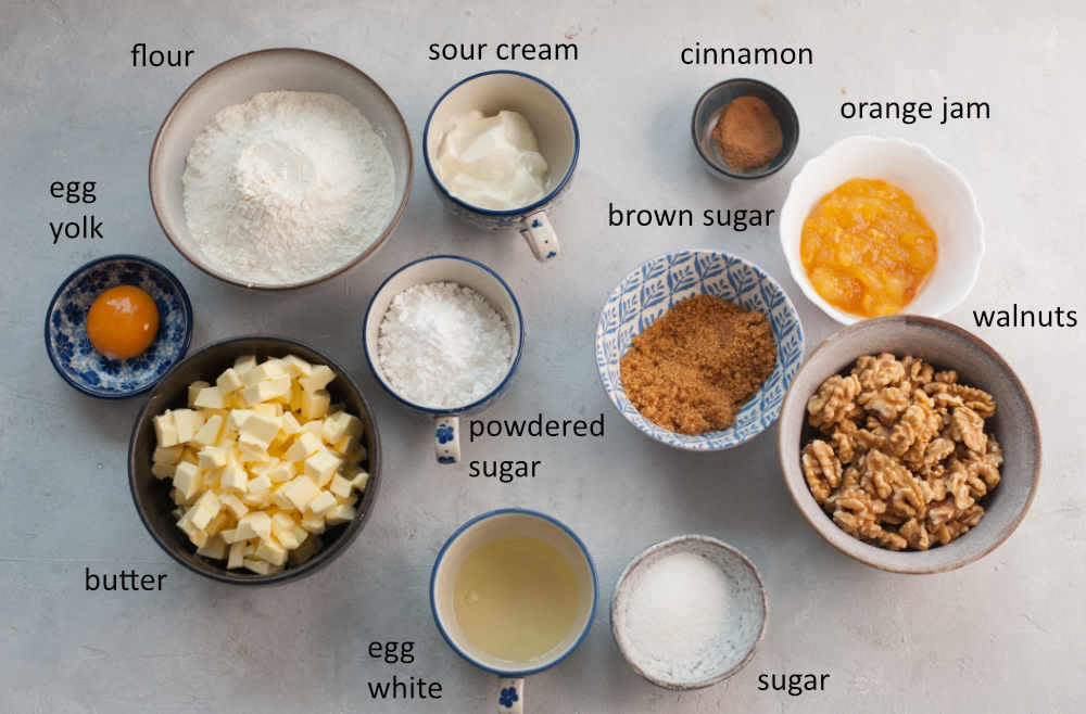 Labeled ingredients needed to prepare orange walnut rugelach.