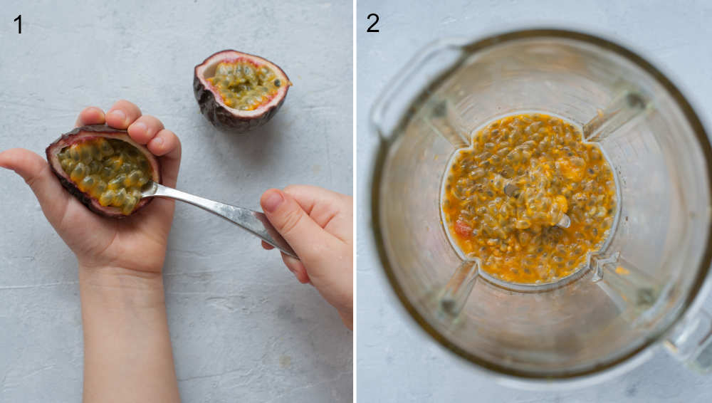 Passion fruit pulp is being scooped out of a passion fruit. Passion fruit pulp in a blender container.