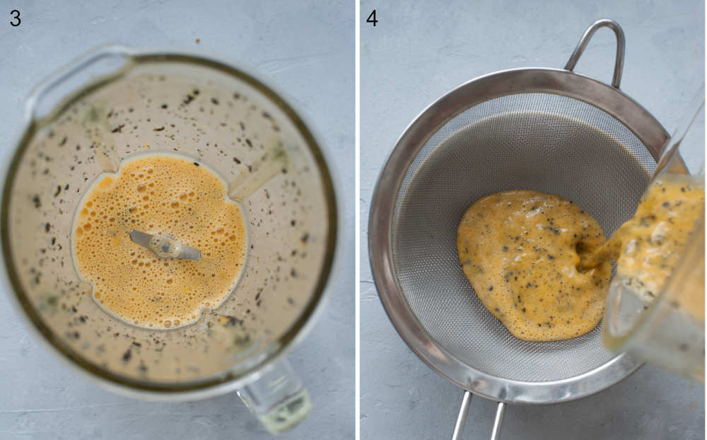 Mixed passion fruit pulp in a mixer container. Passion fruit pulp is being strainer through a sieve.