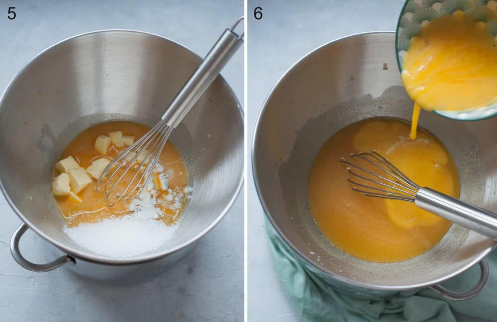 Eggs, egg yolk, butter and sugar in a bowl. Passion fruit juice is being added to a bowl.