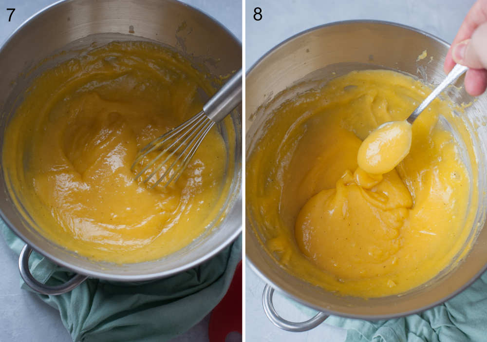 Passion fruit curd is being whisked in a bowl. Passion fruit curd in a metal bowl.