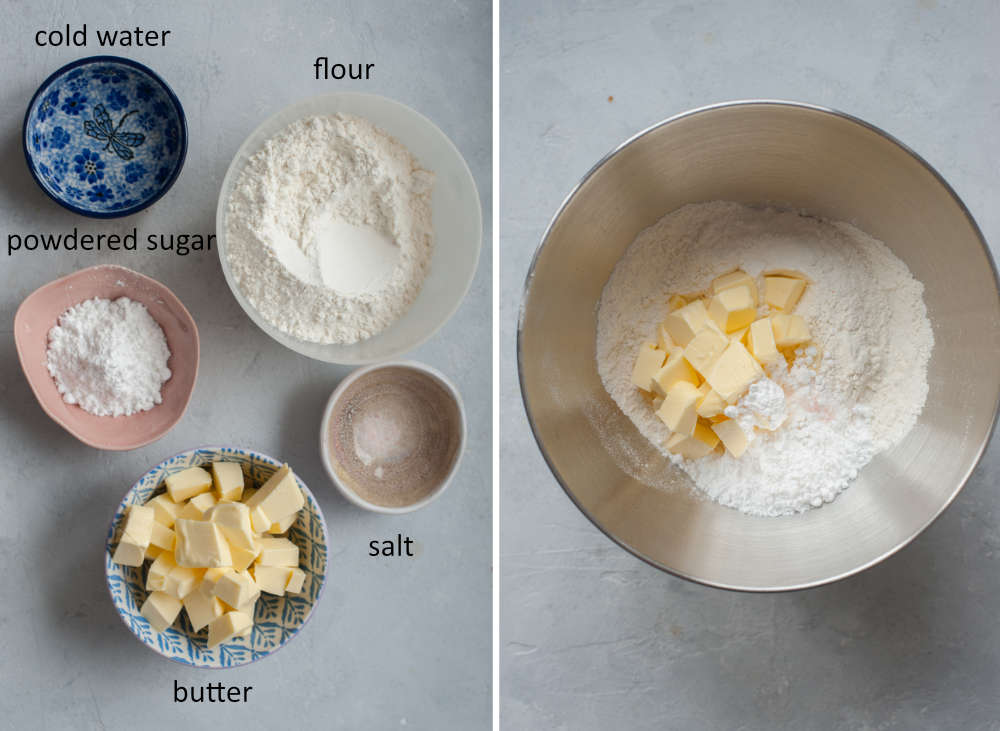 Ingredients for a shortcrust pastry on a table and in a bowl.