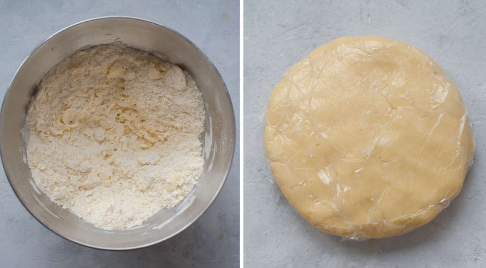 Crumble in a bowl. Pastry dough wrapped in plastic foil.