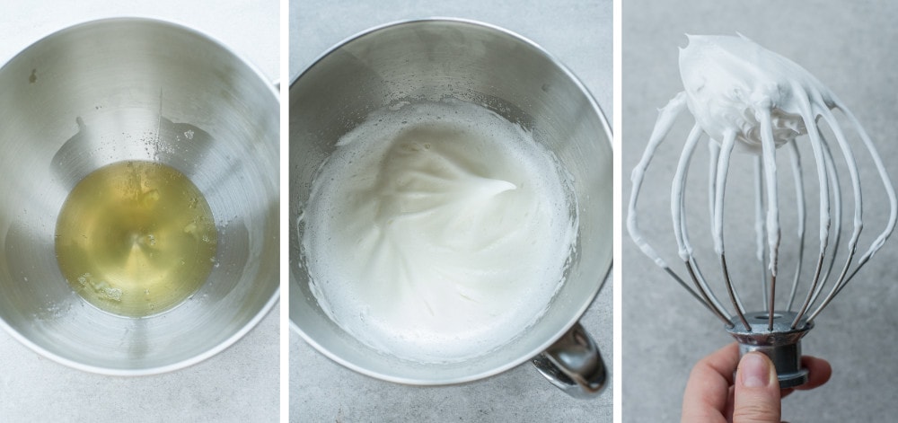 A collage of three photos showing meringue preparation steps.