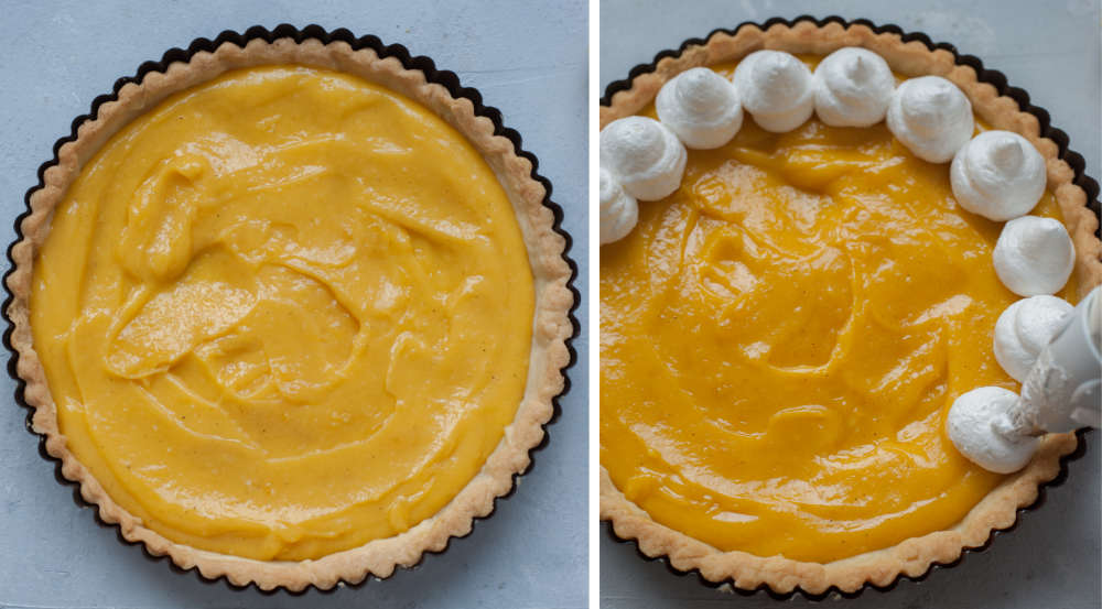 Baked pastry crust filled with passion fruit curd. Meringue is being piped onto passion fruit curd.