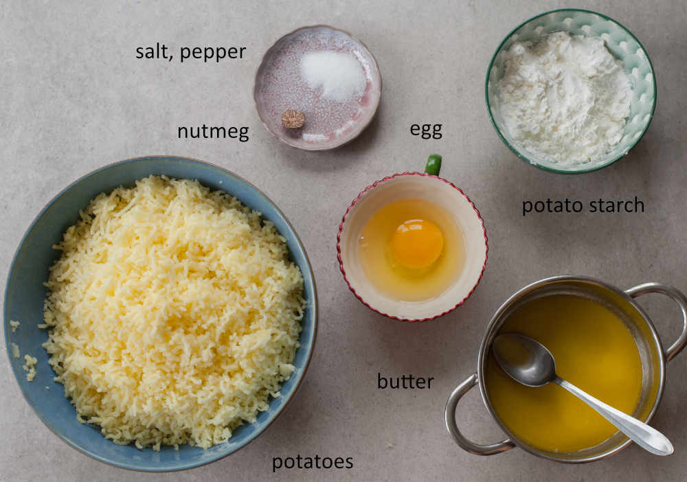 Labeled ingredients for potato dumplings.