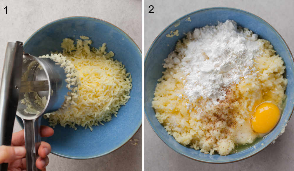 Potatoes are being mashed through a potato ricer. Ingredients for potato dumplings in a bowl.