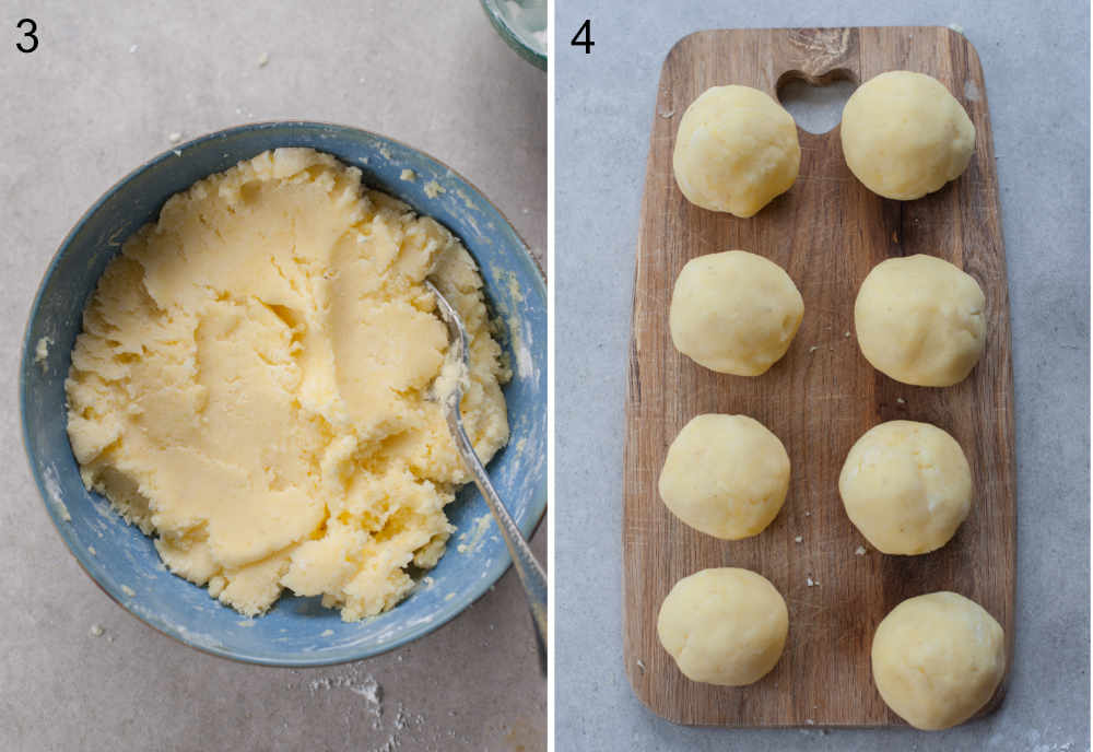 Potato dumplings batter in a blue bowl. Uncooked potato dumplings on a chopping board.